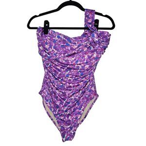 Garnet Hill Size 12 Purple Floral One Piece Swimsuit Ruched Slimming Underwire